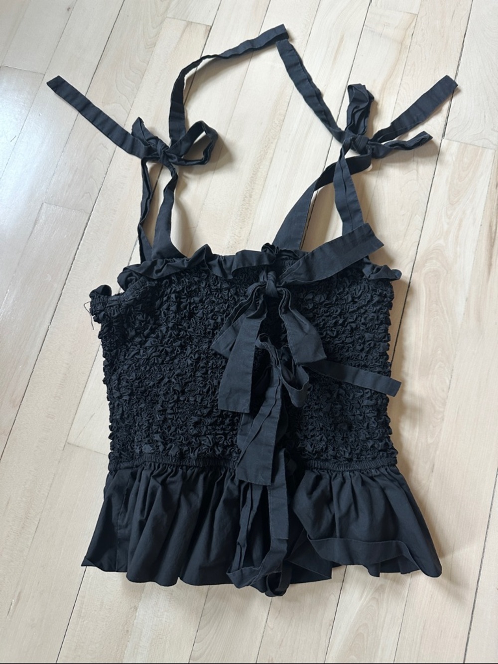 Black Smocked Ruffle Tie-Shoulder Camisole